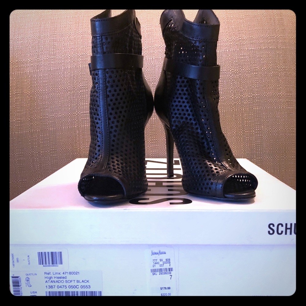 Schutz Black Leather Perforated Peep Toe Bootie 7